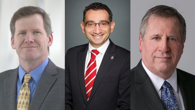 Headshots (left to right): Mike McNaney, head of the National Airlines Council of Canada, Transport Minister Omar Alghabra, John McKenna, head of the Canadian Air Transport Association